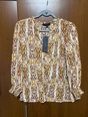 Eclair Women's Brown Ikat Print Ruffle Neck Blouse size Small